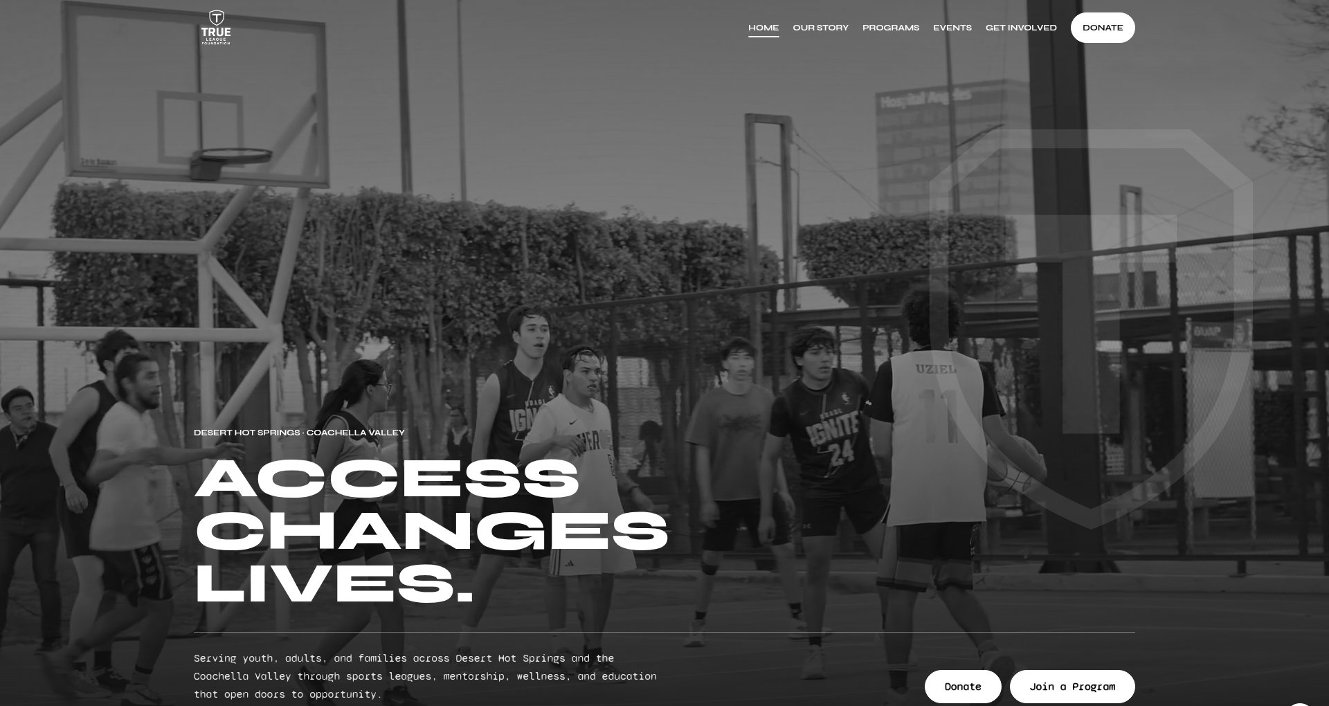 True League Foundation homepage — youth on a basketball court with the headline Access Changes Lives